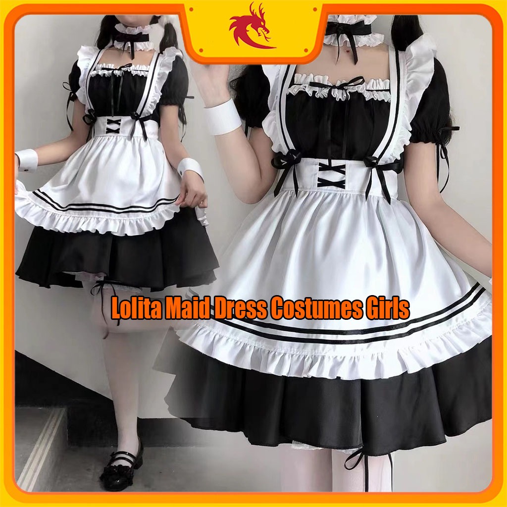 Lolita Maid Dress Costumes Girls Apron Women Black Cute Maid Cosplay ...