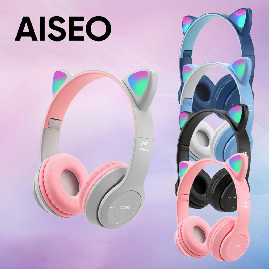 P47M Bluetooth Headphones With Cat Ears Headset Cat Headphone Blueooth With  Microphone LED Lights