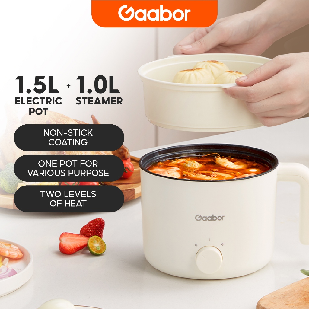 Gaabor Electric Pot NonStick Two Levels of Heat 1.5L with Steamer 1L