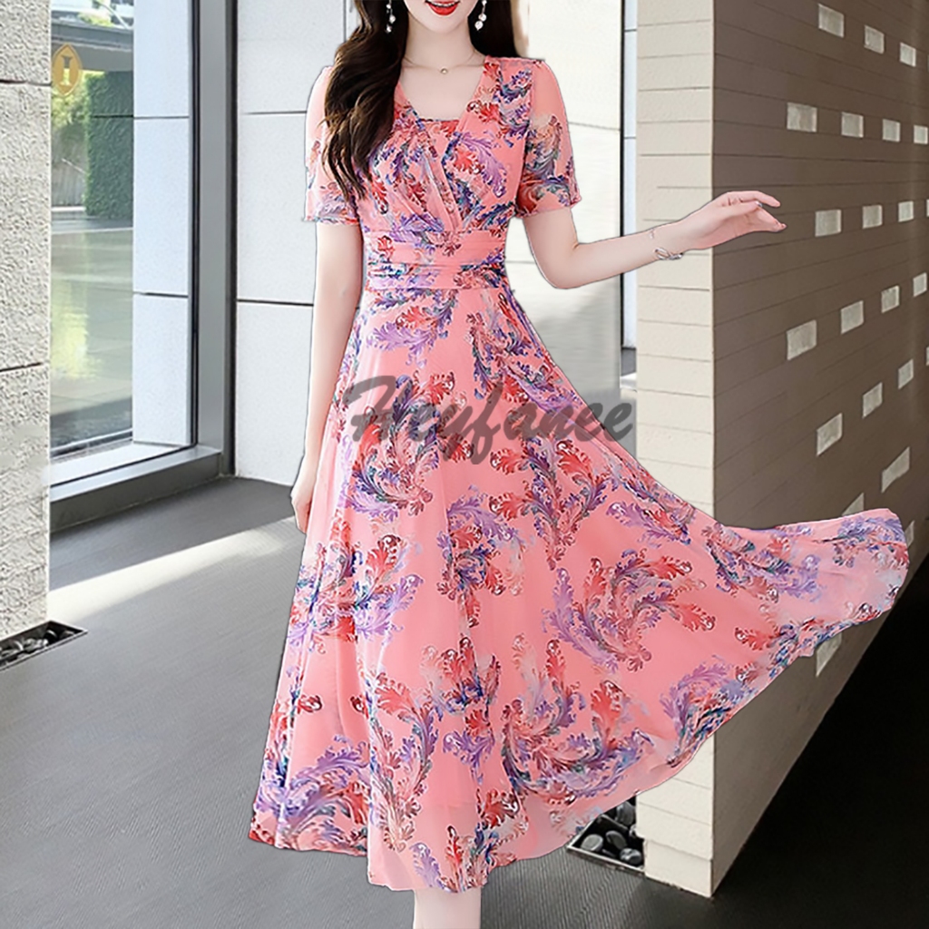 Dress for Woman Casual Floral Ruffle Sleeve Korean V Neck Midi Long ...