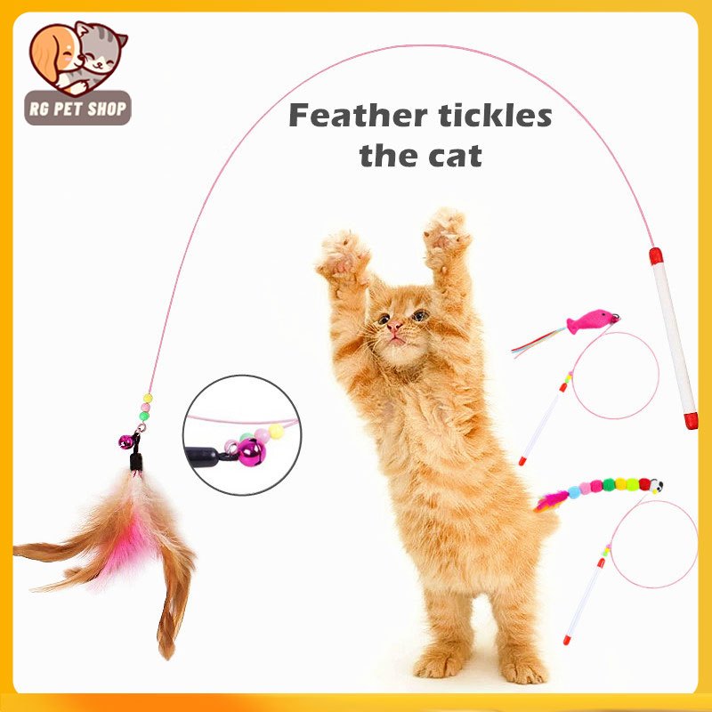 Cat Toys Pet Teaser Bell Feather Retractable Stick Kitten Toy ...