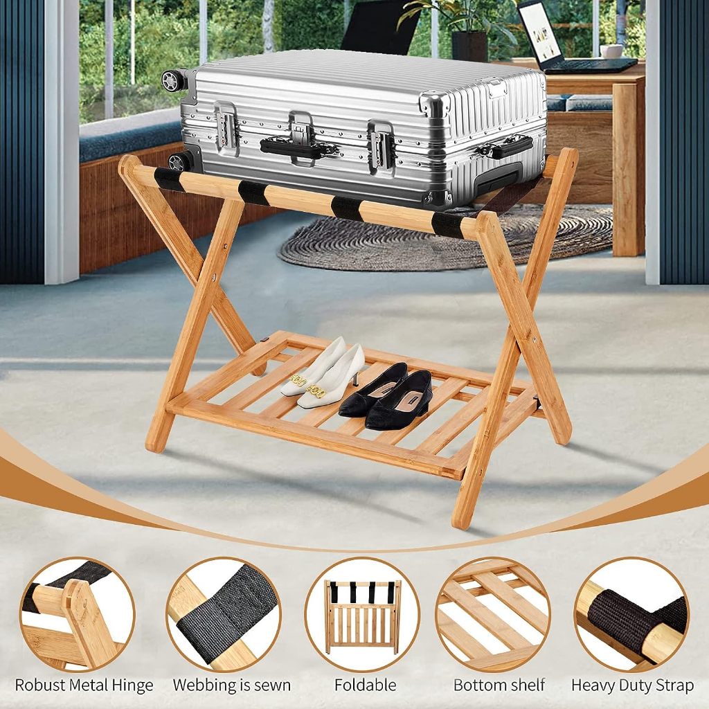 Luggage Rack Folding Bamboo Wood Suitcase Rack Fit Most Luggage Size ...