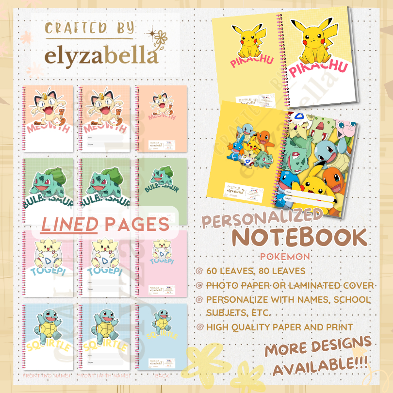 POKEMON Design Personalized Notebook 60 or 80 LINED Sheets Laminated ...