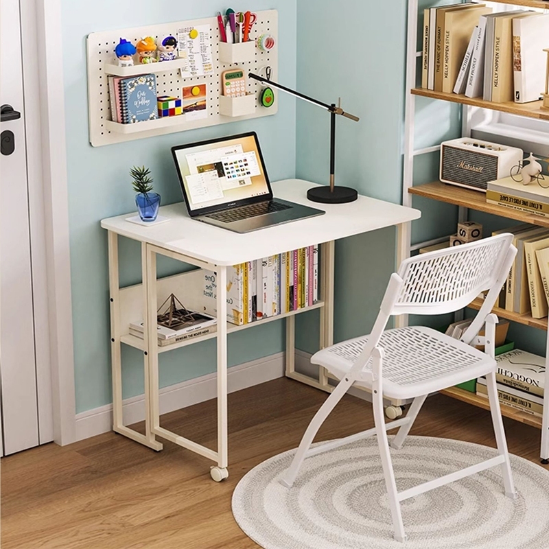 Nordic Folding Table Portable Computer Table With Wheels 2-Layer Office ...