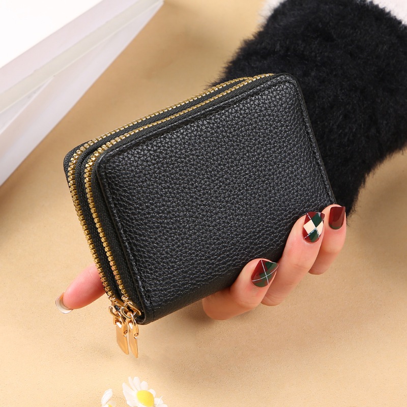 Double zipper small Leather Wallet Card Holder Coin purse 2 Way wallets for women H9112