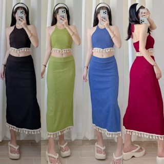 SMFH Halter Tassel Terno Long Skirt Bohemian Boho Outfit Bark Crepe Fabric Shopee Philippines