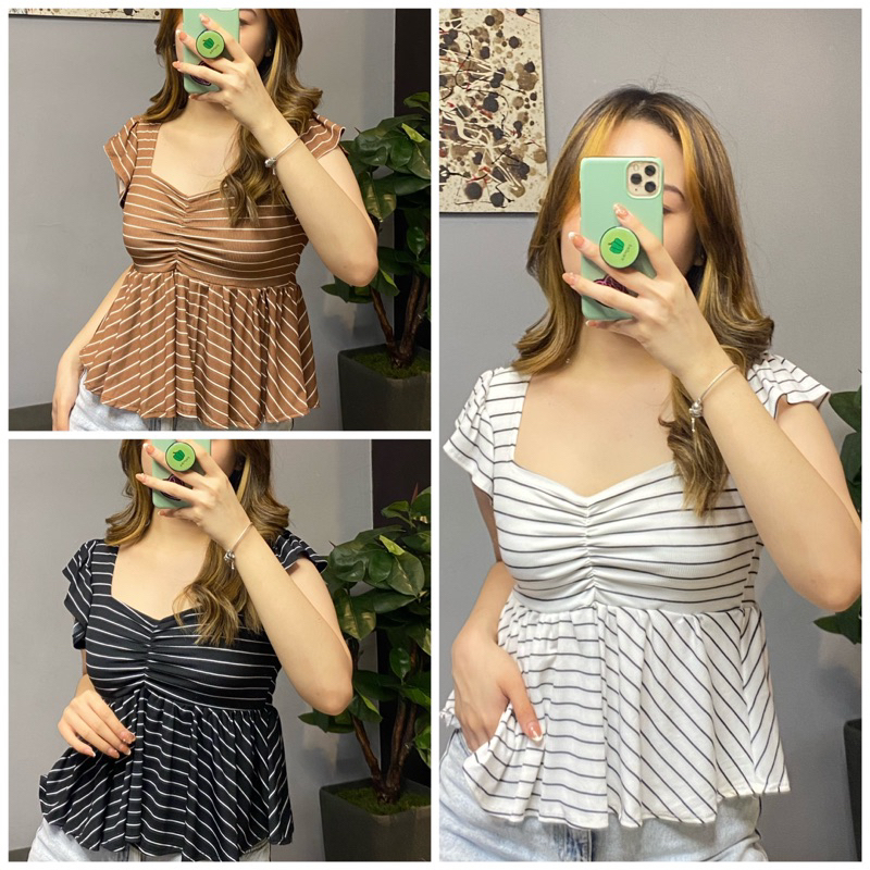 COCOBABA Sally stripes knit ruffles sleeves peplum top | Shopee Philippines