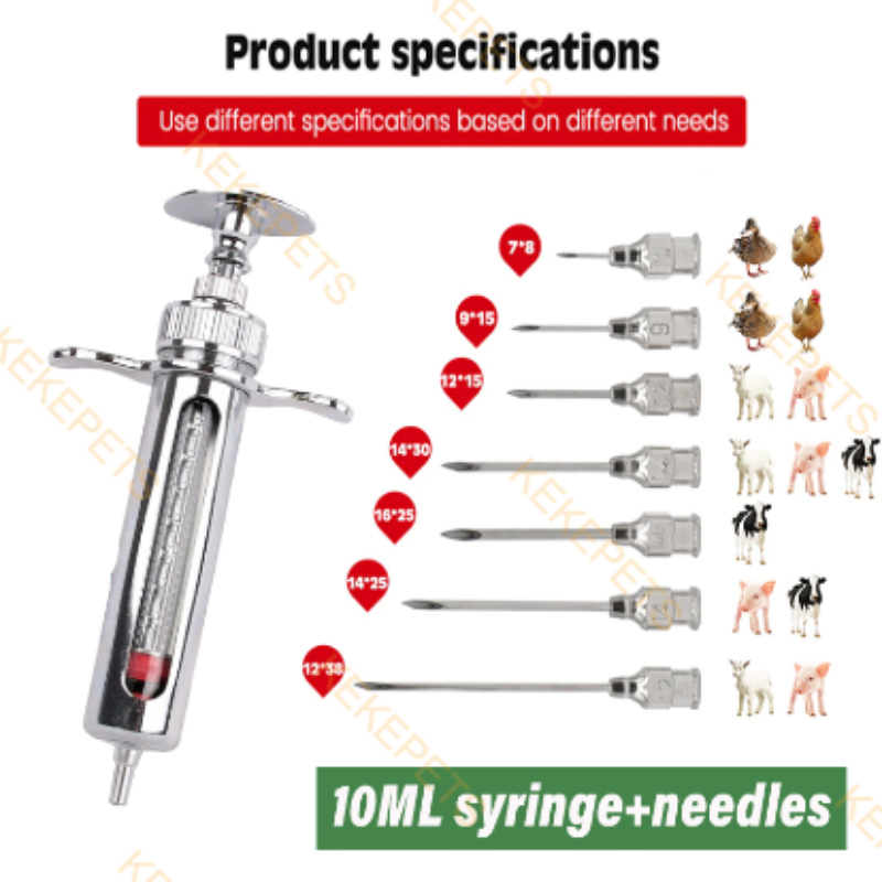 Stainless Steel Syringe Veterinary Injector +1 Dozen assorted Needles ...