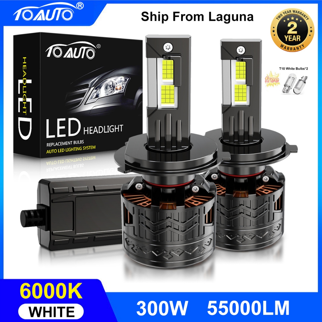 TOAUTO 2PCS H4 H11 9012 Led Headlight For Car Super Bright 300W 55000LM ...