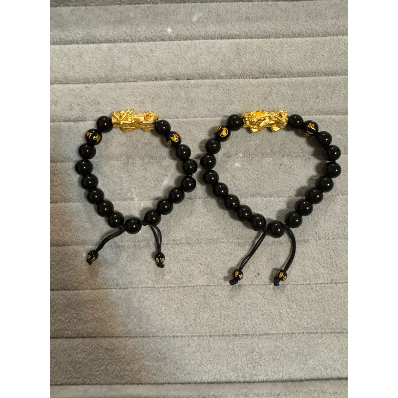 Black Onyx and Black Obsidian with Thailand 14k Money Catcher Piyao 10mm  Adjustable Bracelet