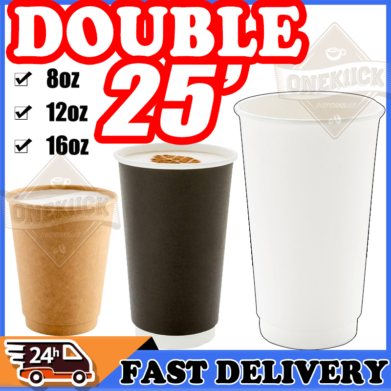 【25pcs】Double Wall Coffee Paper Cup 8oz 120z 16oz Coffee Cup With Lid ...