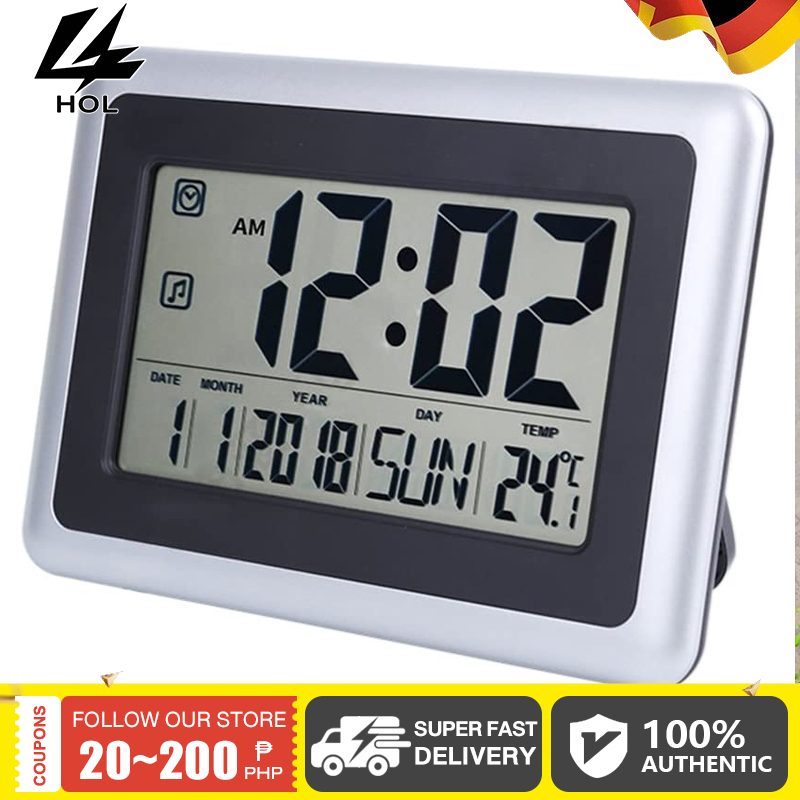 LCD Digital Large Wall Clock Thermometer Desk Calendar Time Alarm ...