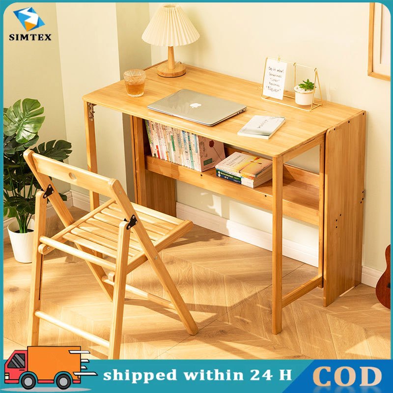 Foldable Bamboo Computer Table With Shelf Home Office Desktop Working ...
