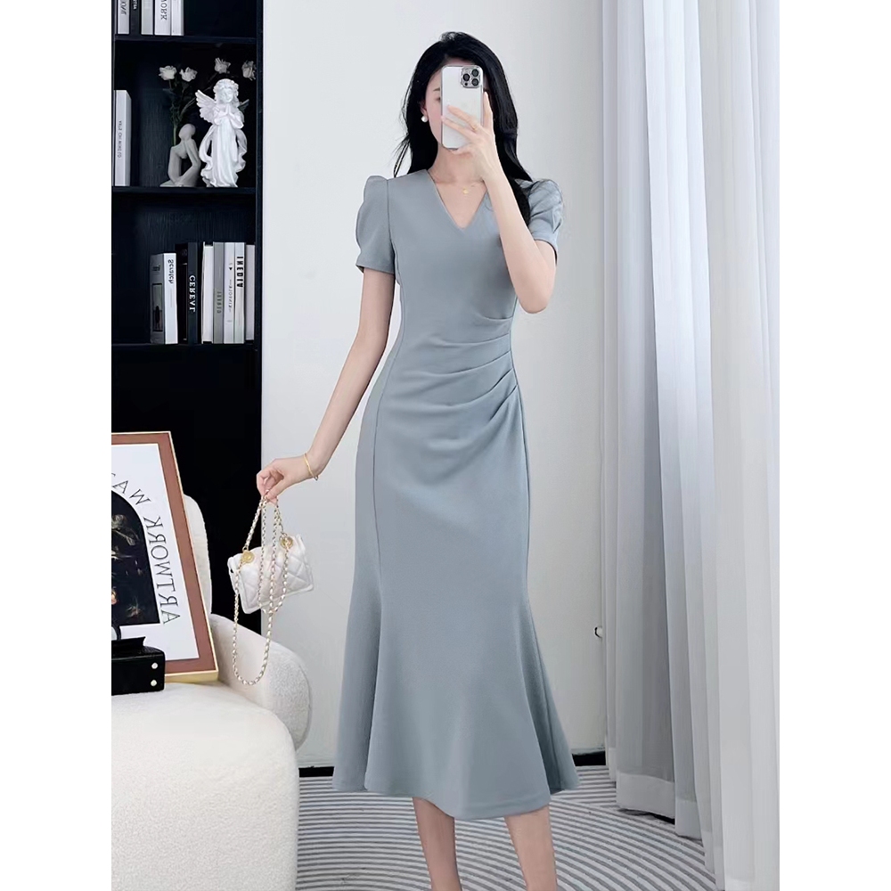 Korean black church dress long mermaid short sleeves french cocktail for  woman formal dress elegant | Shopee Philippines