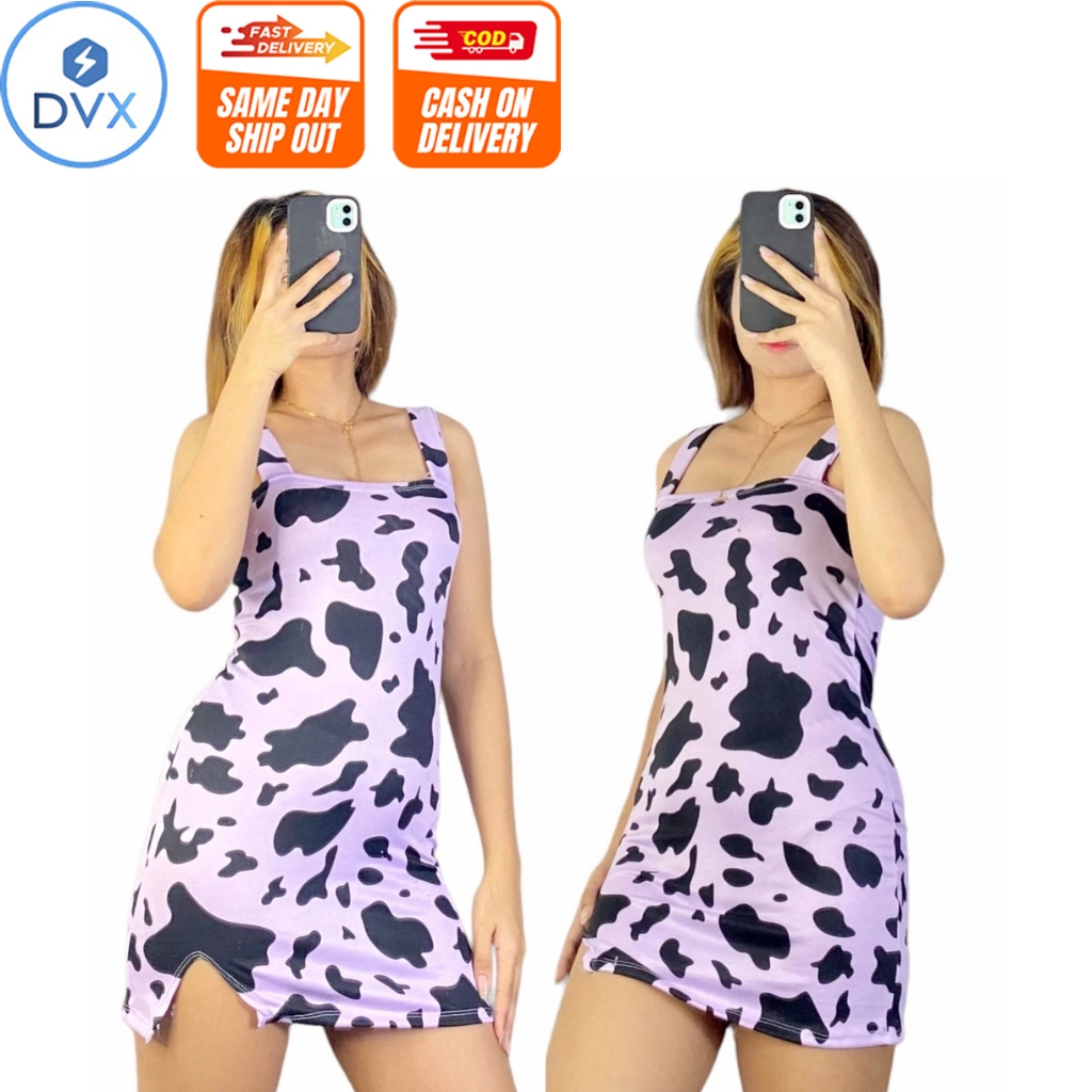 celebrity bodycon dresses Country Girl Cow Print Ruched Knit Mini Dress