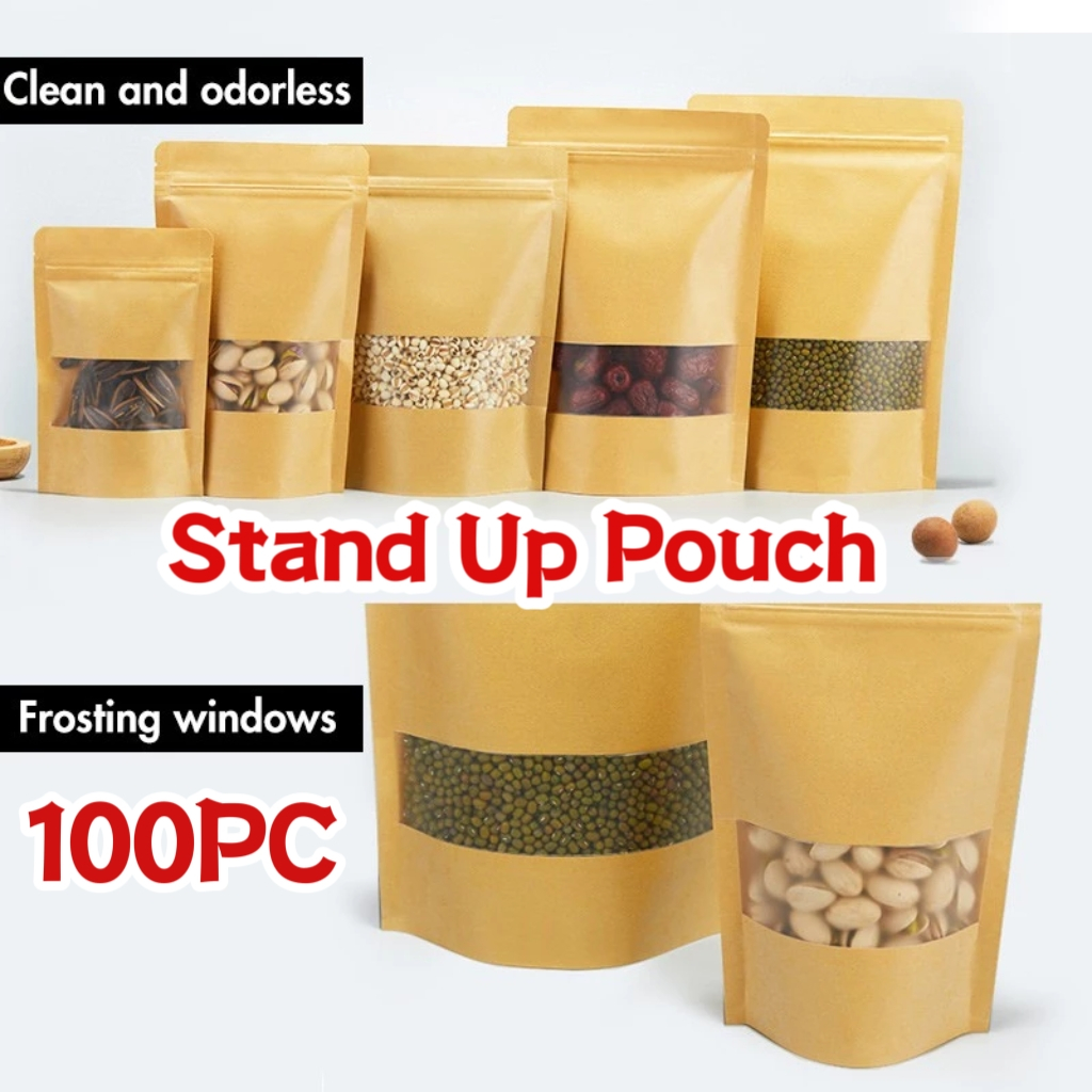 100pcs Kraft Brown Stand Up Pouch With Zip Lock Paper Bag Ziplock ...