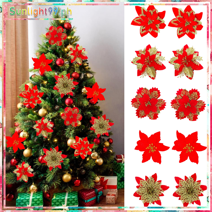 12pcs Red Christmas Flower/Flowers,Decor,Glitters/Plain,with sticks