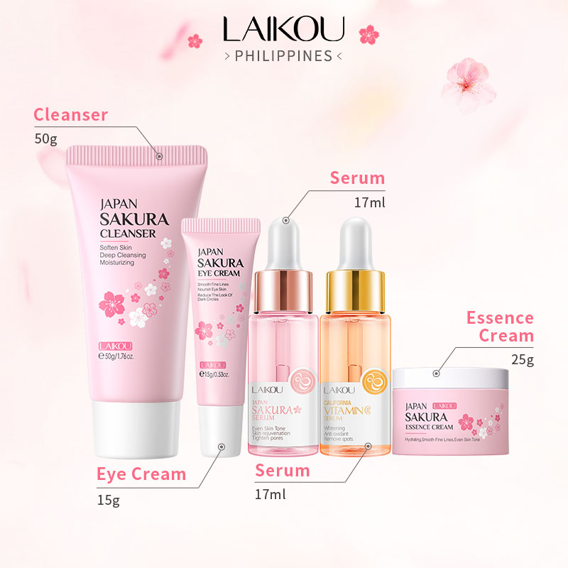 LAIKOU 5pcs Skincare Set Vitamin C Sakura Serum Cream Cleanser ...