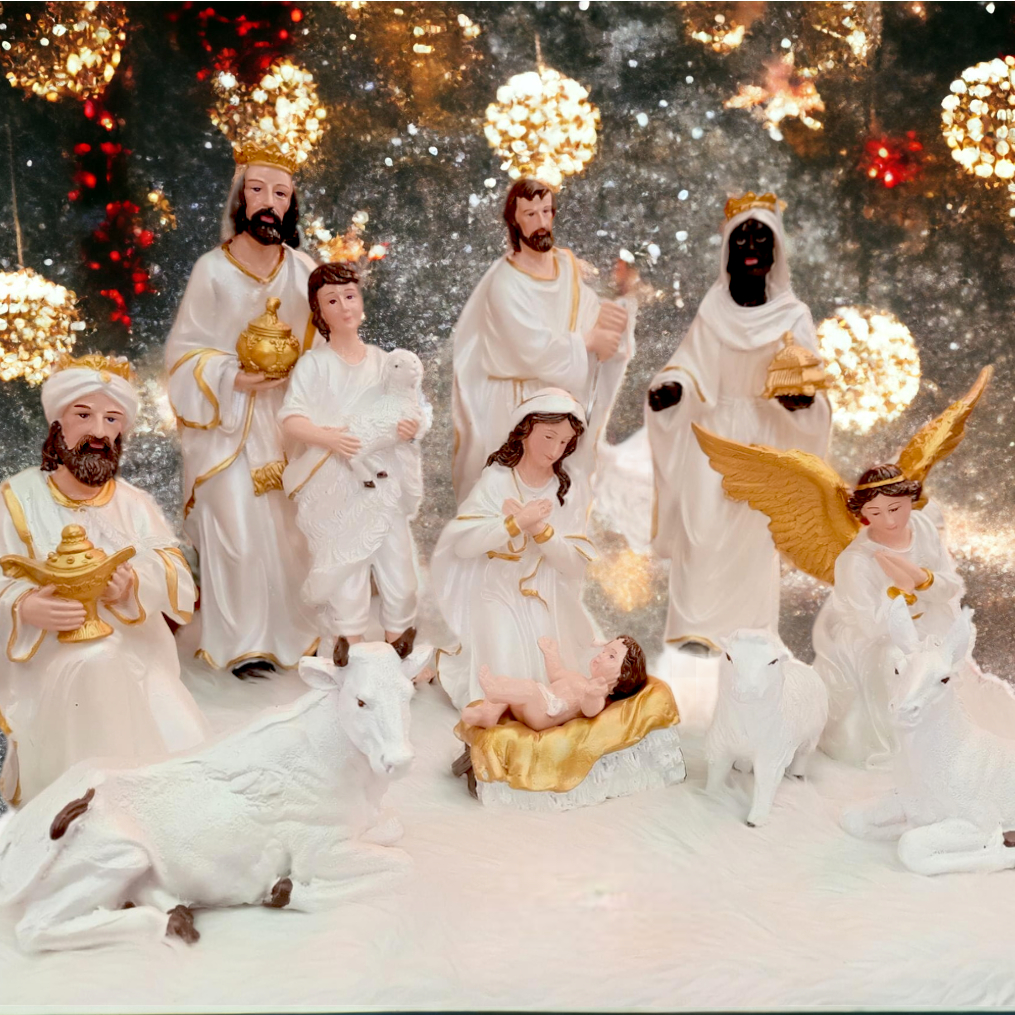 11 Inches Christmas Belen Nativity Set White & Gold Fiber Resin 11pcs ...