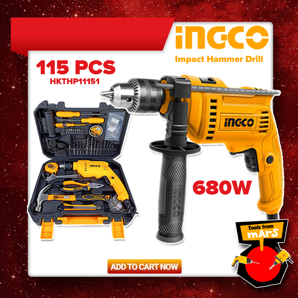 INGCO 12V Impact Drill with Tool Set 115PCS Drilling Hammer Screw ...