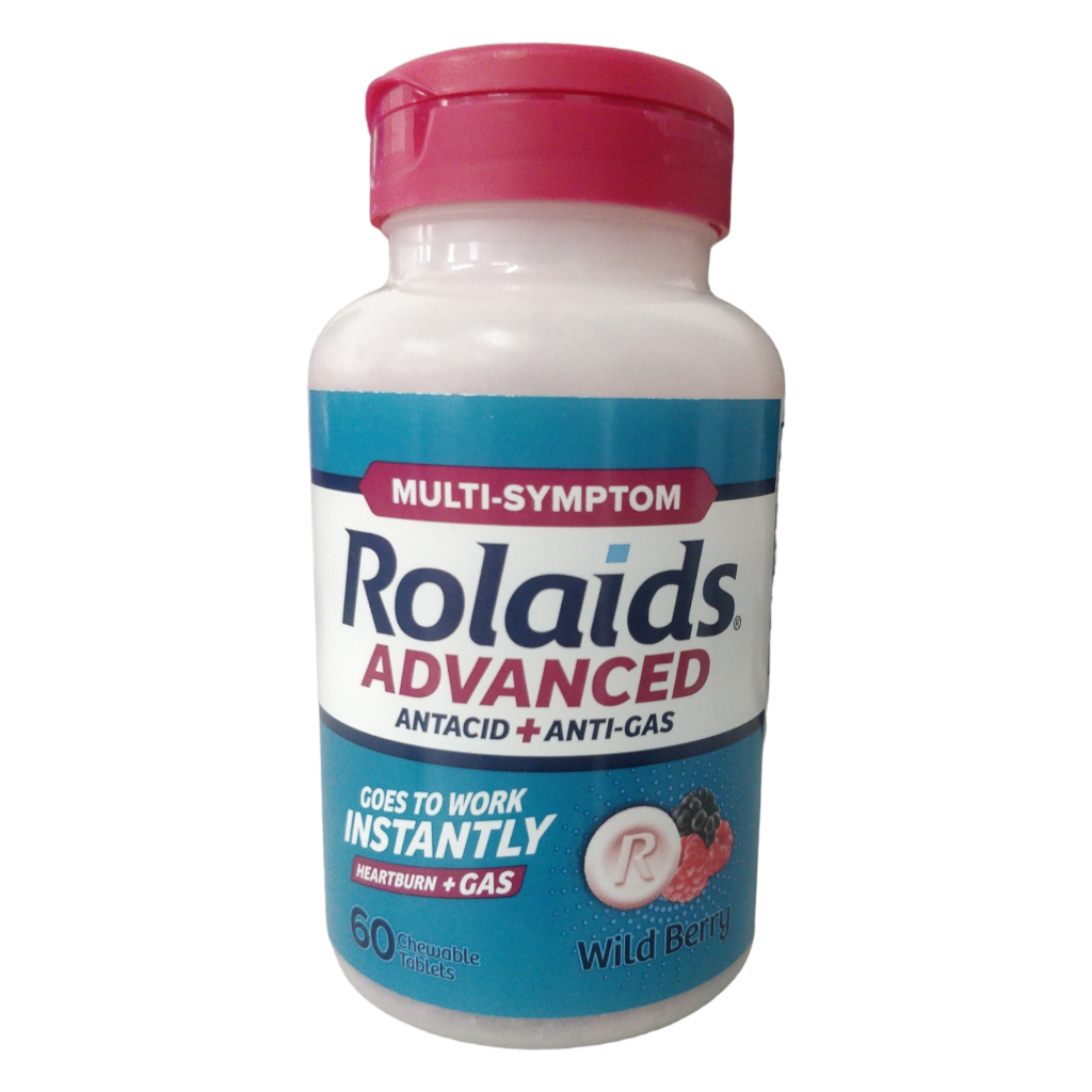 Rolaids Advanced Antacid Plus Anti Gas Chewable Tablets Wild Berry, (60