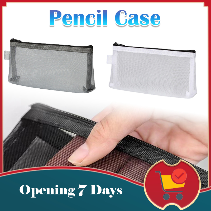 KELIFANG Transparent Mesh Pencil Case - See-Through Zipper Pouch With Carry Handle For School, Office & Travel (Pink)