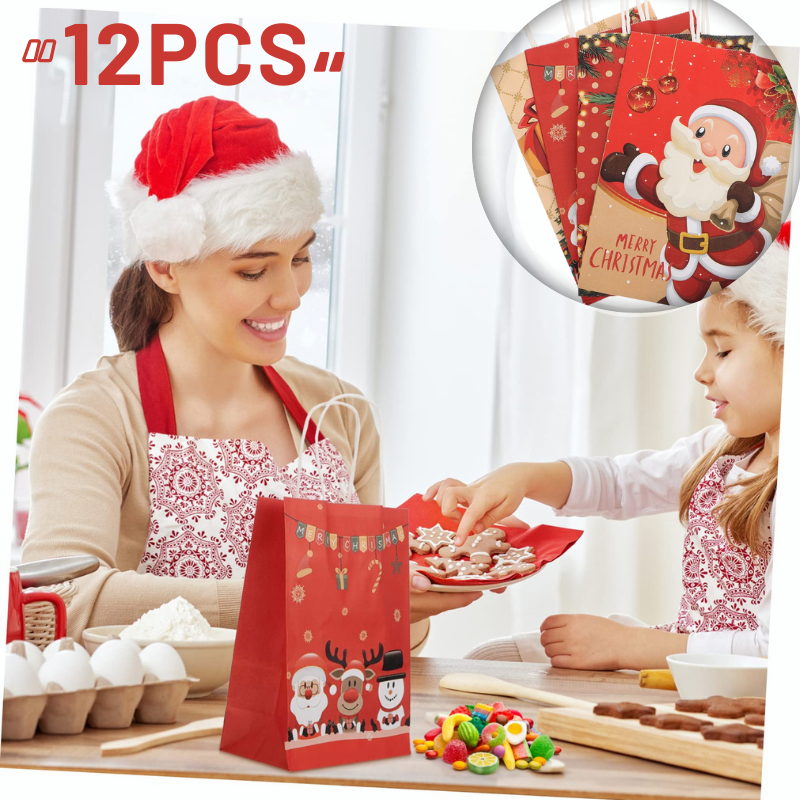 12Pc Christmas Kraft Paper Bags with Handles Santa Claus Party Candy ...