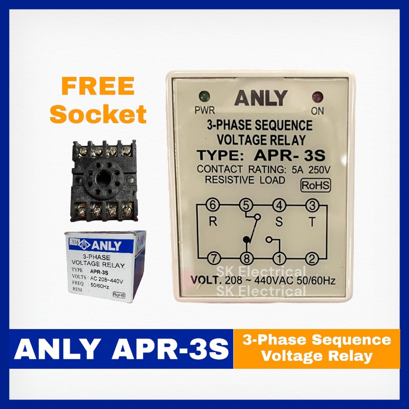 ANLY APR3S 3 PHASE SEQUENCE VOLTAGE RELAY W/ FREE SOCKET Shopee