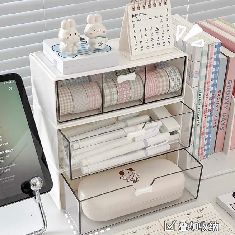 Pastel Ribbon Pink White Stackable Drawer Desk Organizer Drawer Storage