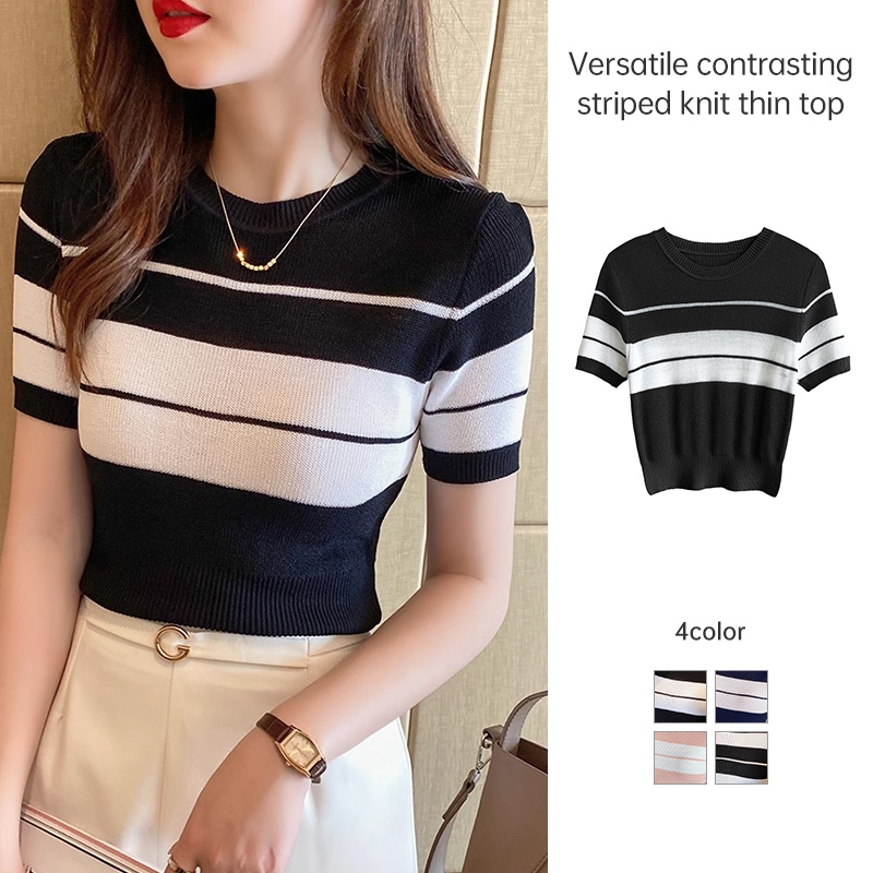 Summer Versatile Top Thin Black White Contrast Color Stripe Short ...