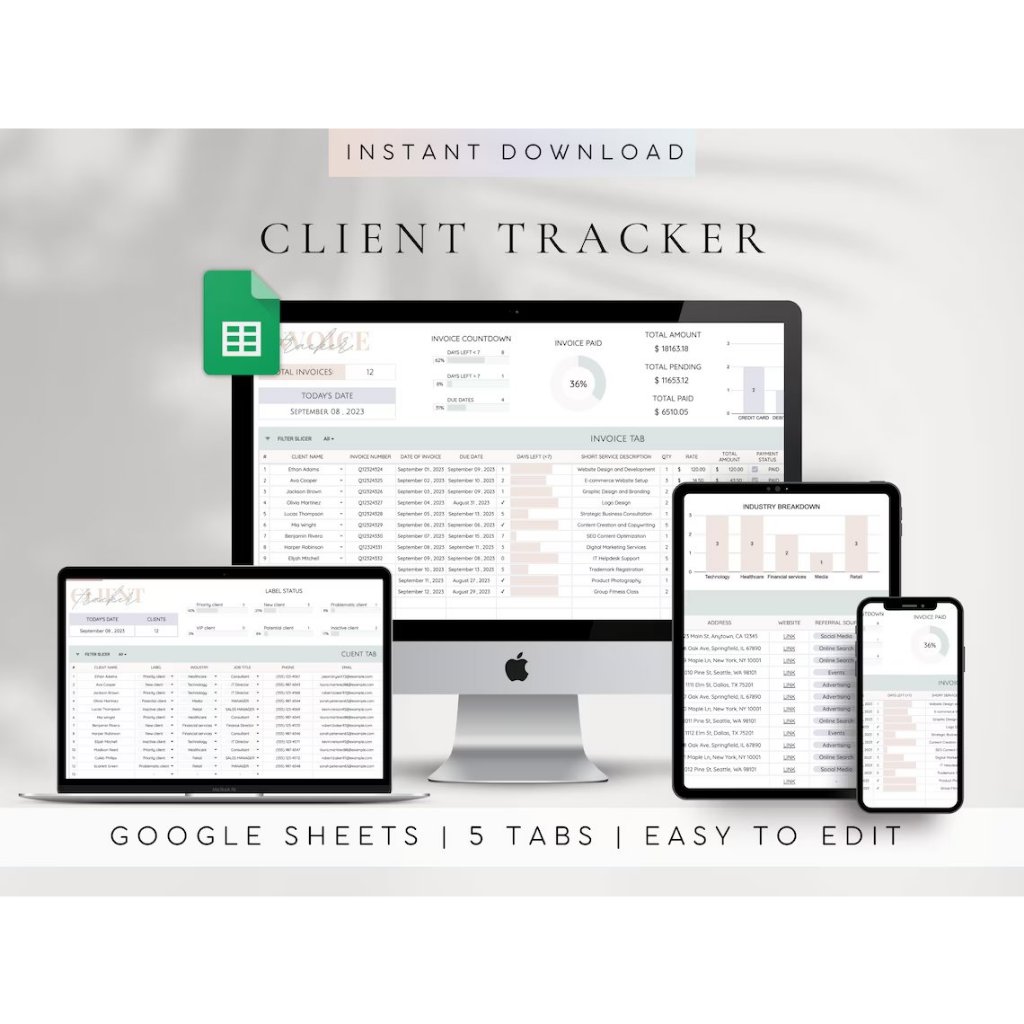 Digital Planner, Client Tracker Spreadsheet Invoice Template for Small ...
