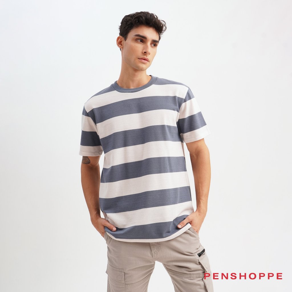 Penshoppe Relaxed Fit Striped T-Shirt For Men (Blue Stone/Rust/Sea Blue ...