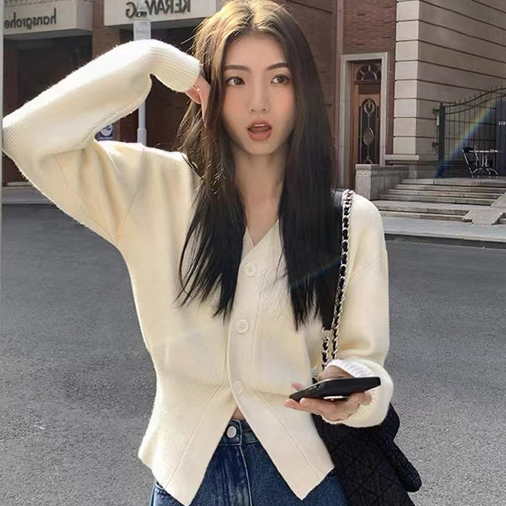 Korean v-neck knitted cardigan gentle long sleeves short sweater jacket ...