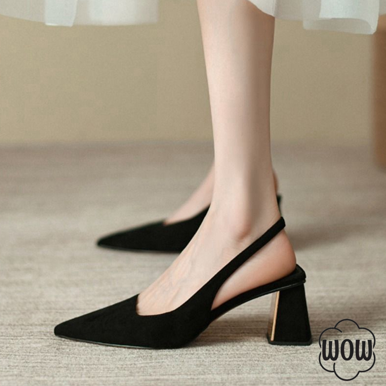 （with Box）Korean Black Pointed Toe Chunky Heel Sling back Stap High heels  office shoes school shoes