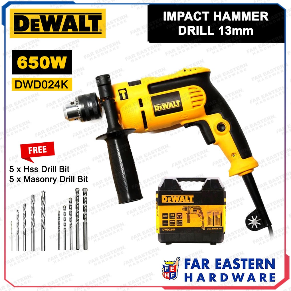 DEWALT Impact Hammer Drill 13mm w/ Drill Bit & Case 650W DWD024K