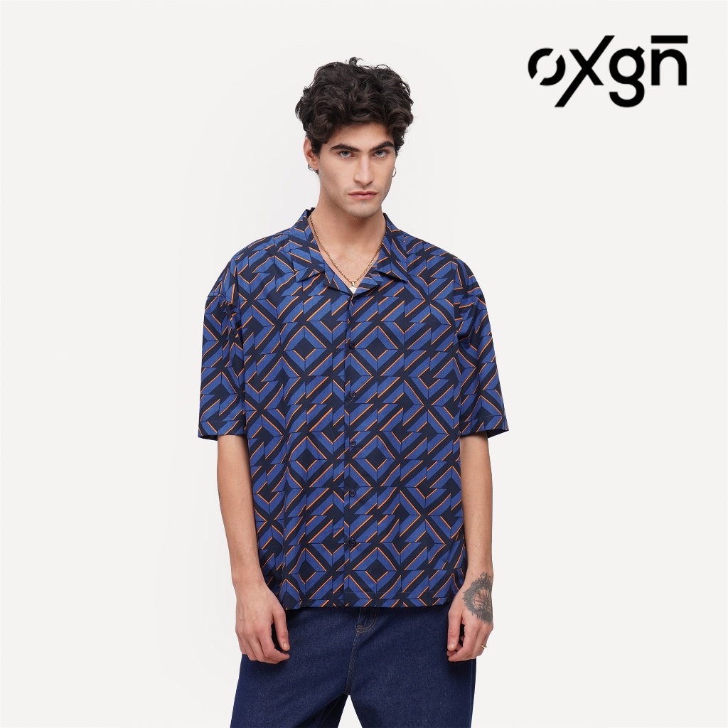 OXGN Geometric Print Open Collar Resort Shirt For Men (Blue) | Shopee ...