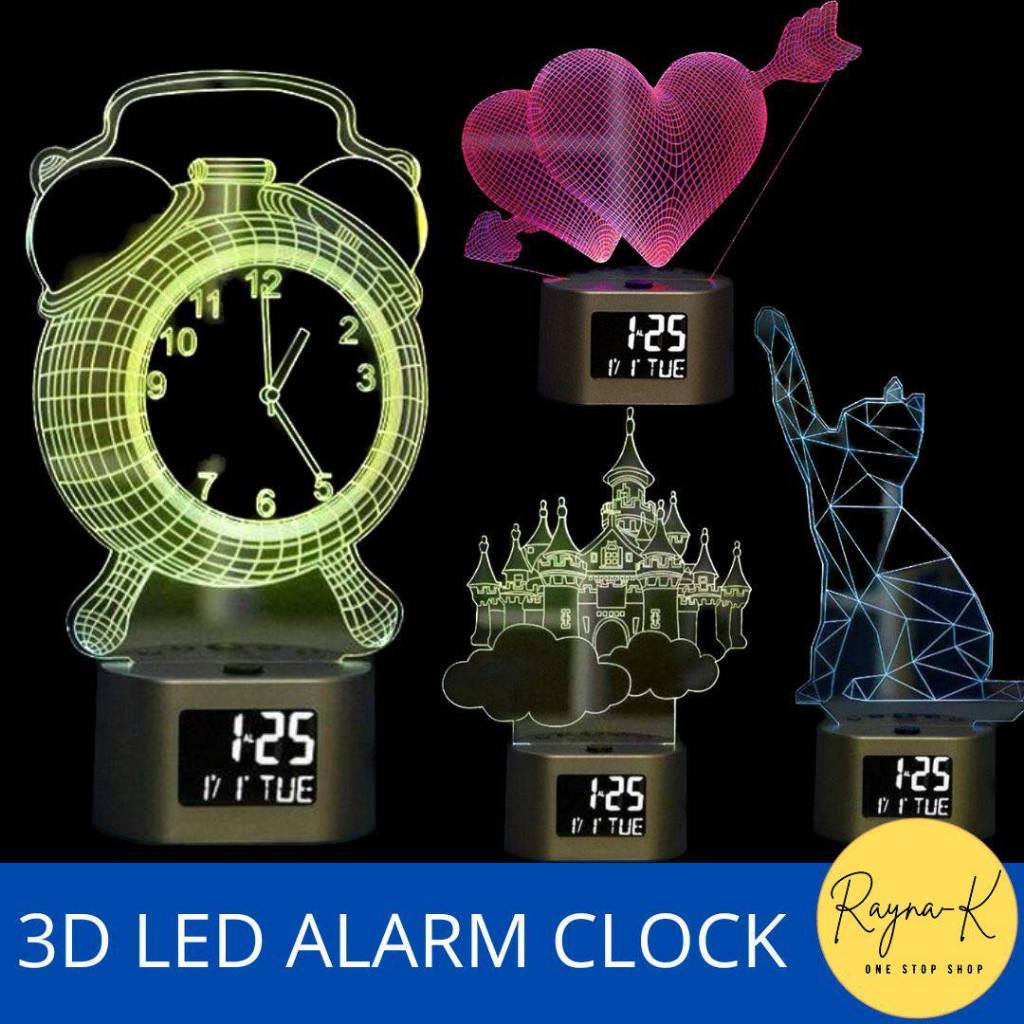 3D Acrylic LED RGB Alarm Clock Night Light Table Lamp Desk Clock