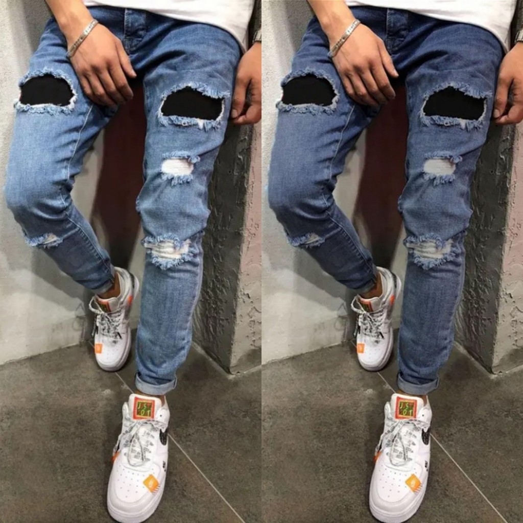Tattered Stitched Ripped Jeans Men's Casual Attire Slighty Stretchable ...