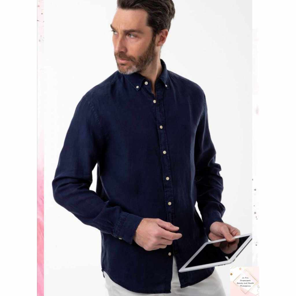 H&M BUTTON DOWN SHIRT MEN NAVY BLUE POLO CASUAL LONG SLEEVE PRELOVED