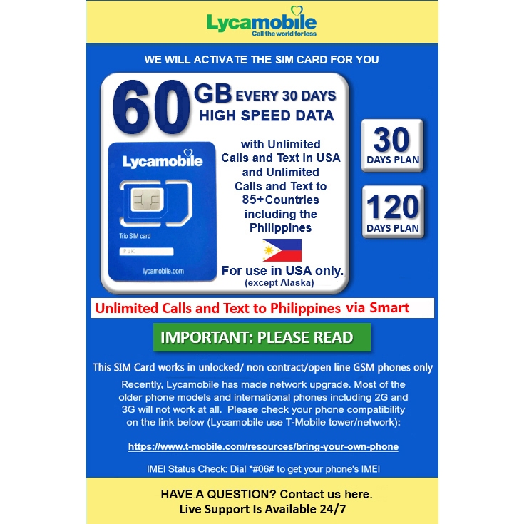 USA Travel SIM Card LYCA (Including Hawaii and Puerto Rico)60 GB of HighSpeed Data in USA