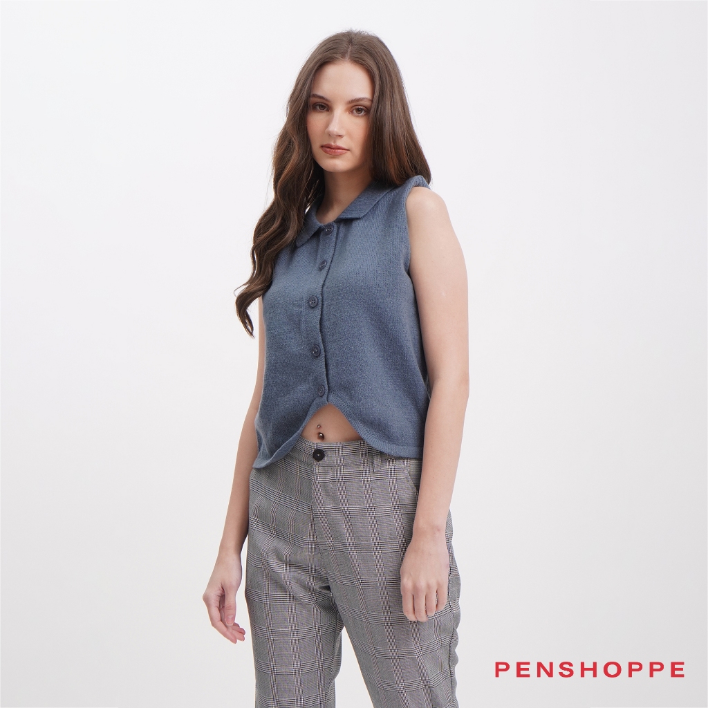 Penshoppe Dress Code Button Down Vest With Collar For Women (Blue Stone ...