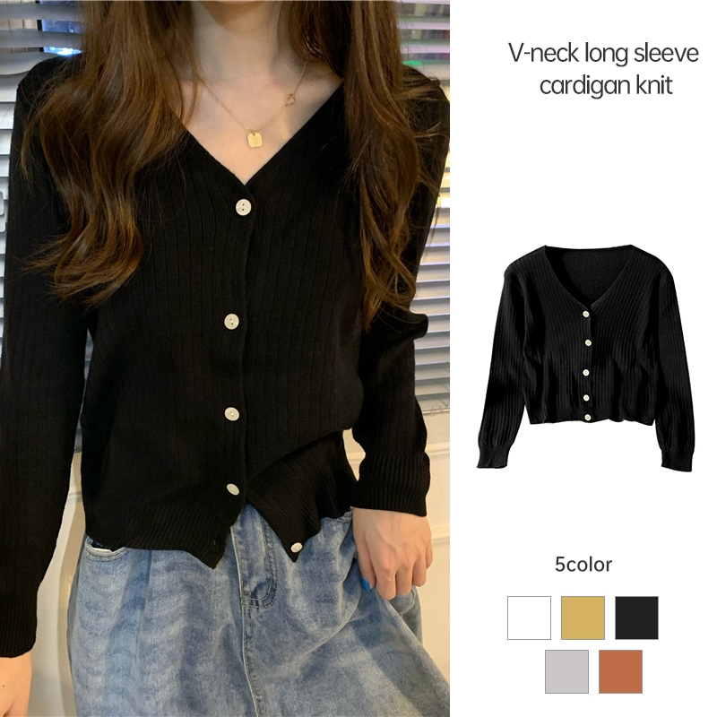 Korean V-neck Cardigan Solid Color Long Sleeve Cardigan Sweet ...