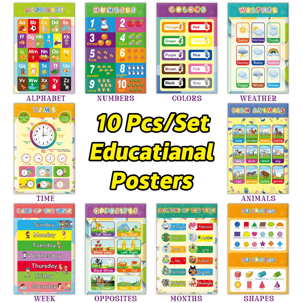 Laminated Educational Preschool Posters 10PCS Charts for Preschoolers