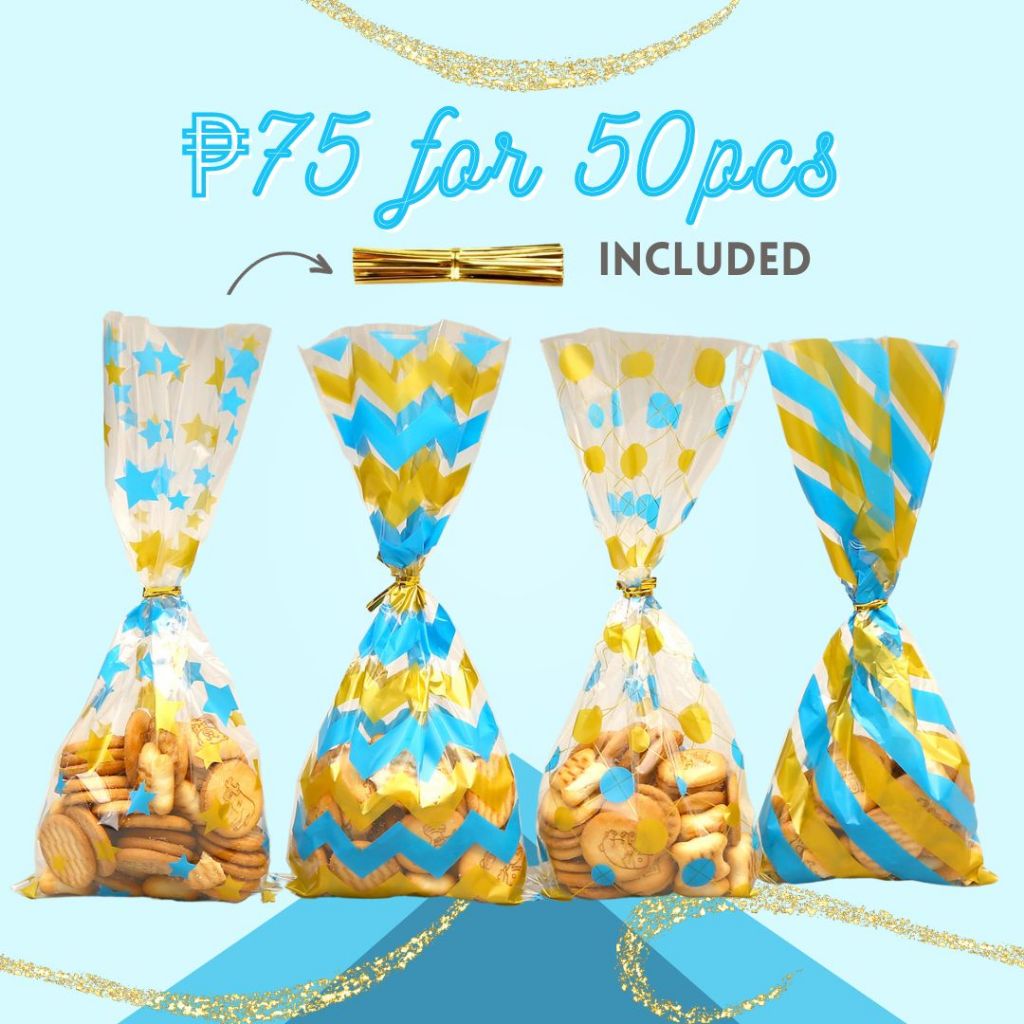 FP1709 (50PCS) 12X27 CM Elegant Blue Gold Plastic Goodie Bags Tail