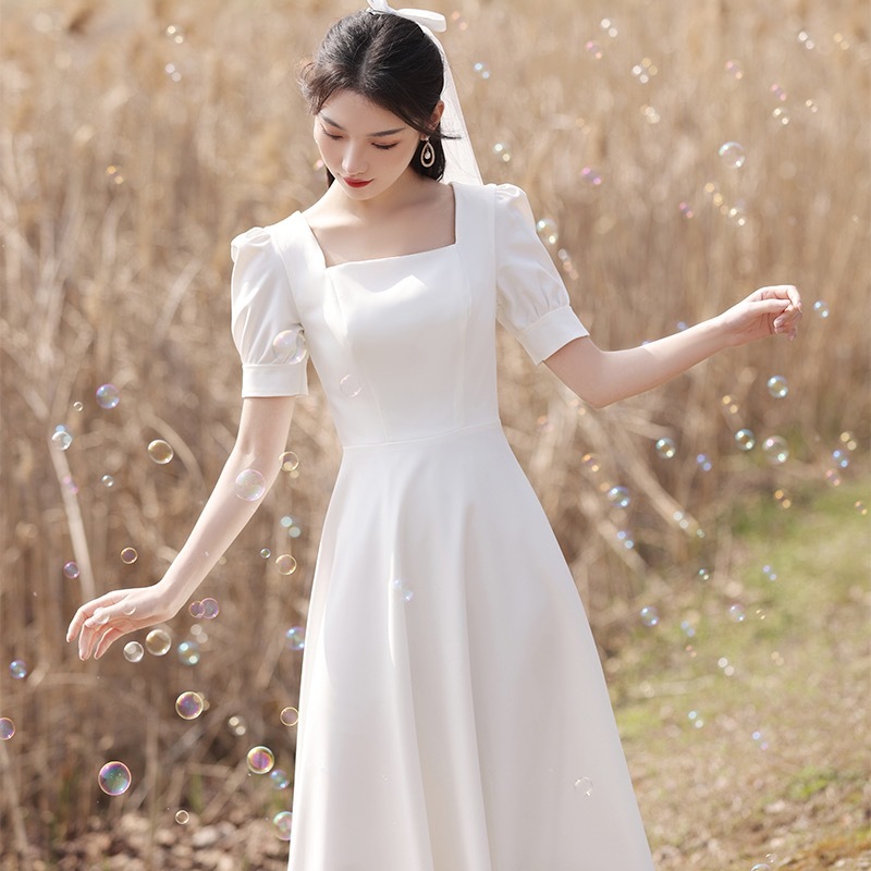 korean long fitted plain white dress for woman casual formal elegant plus size civil wedding dresses Shopee Philippines