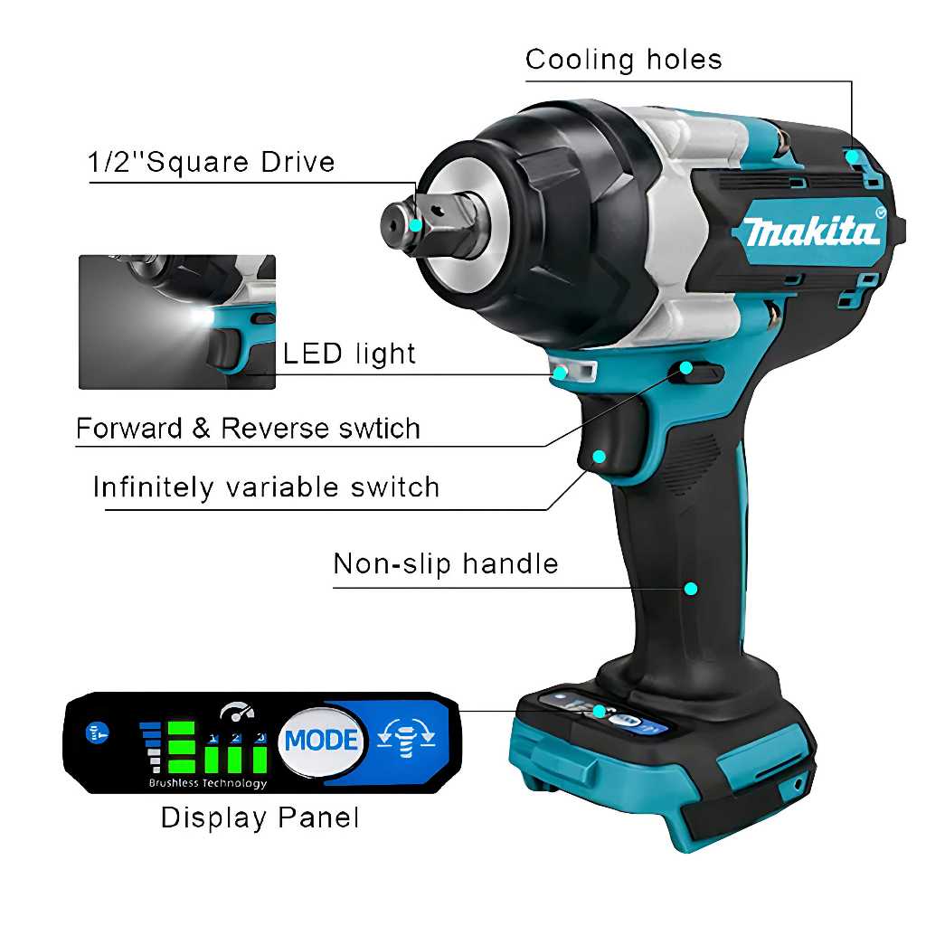 ONEVAN 1800Nm Cordless Impact Wrench 1/2" High Power Brushless Driver - 20V 2x 3Ah Batteries & Case Included