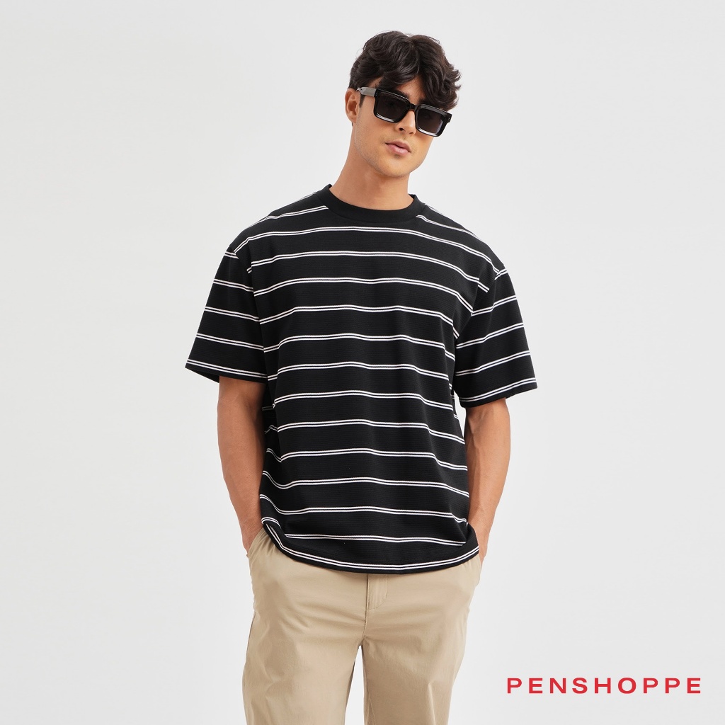 Penshoppe Modern Fit Striped Textured T-Shirt For Men (Black/Chocolate  Brown/Navy Blue/Olive)