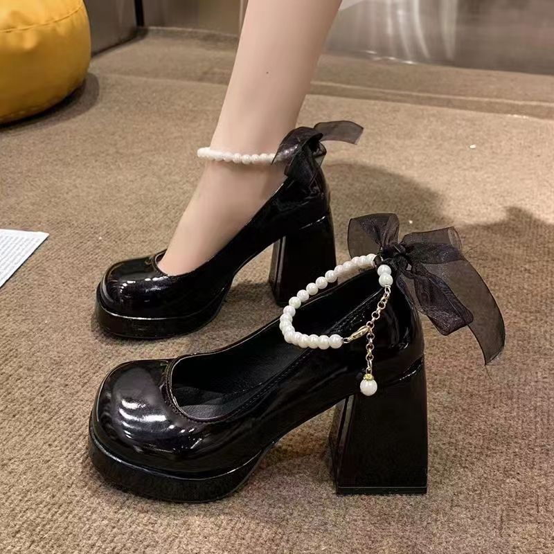 Mary Jane Shoes Chunky Heeled Thick Bottom Pearl Chain Round Toe High Heels Shopee Philippines