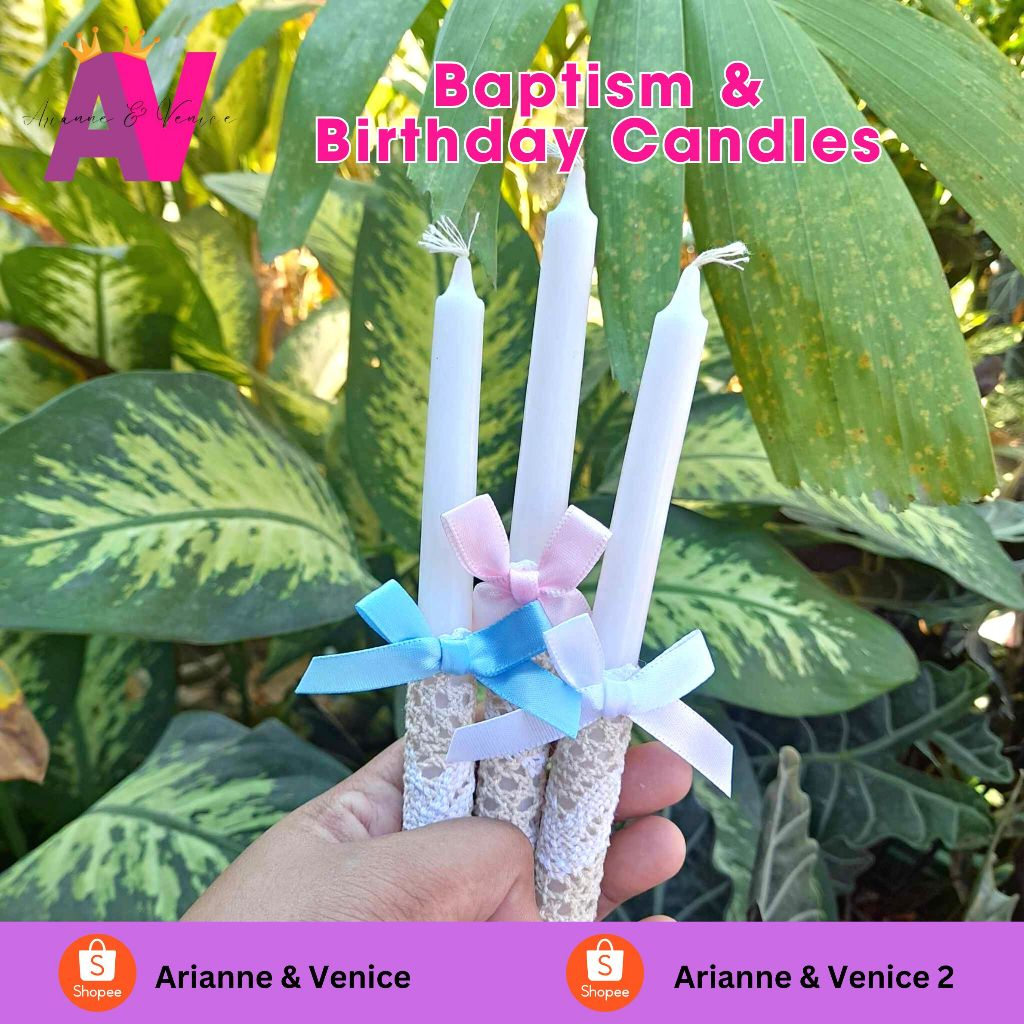 Baptism Christening Candle with Ribbon Boho Rustic Light Pink Blue