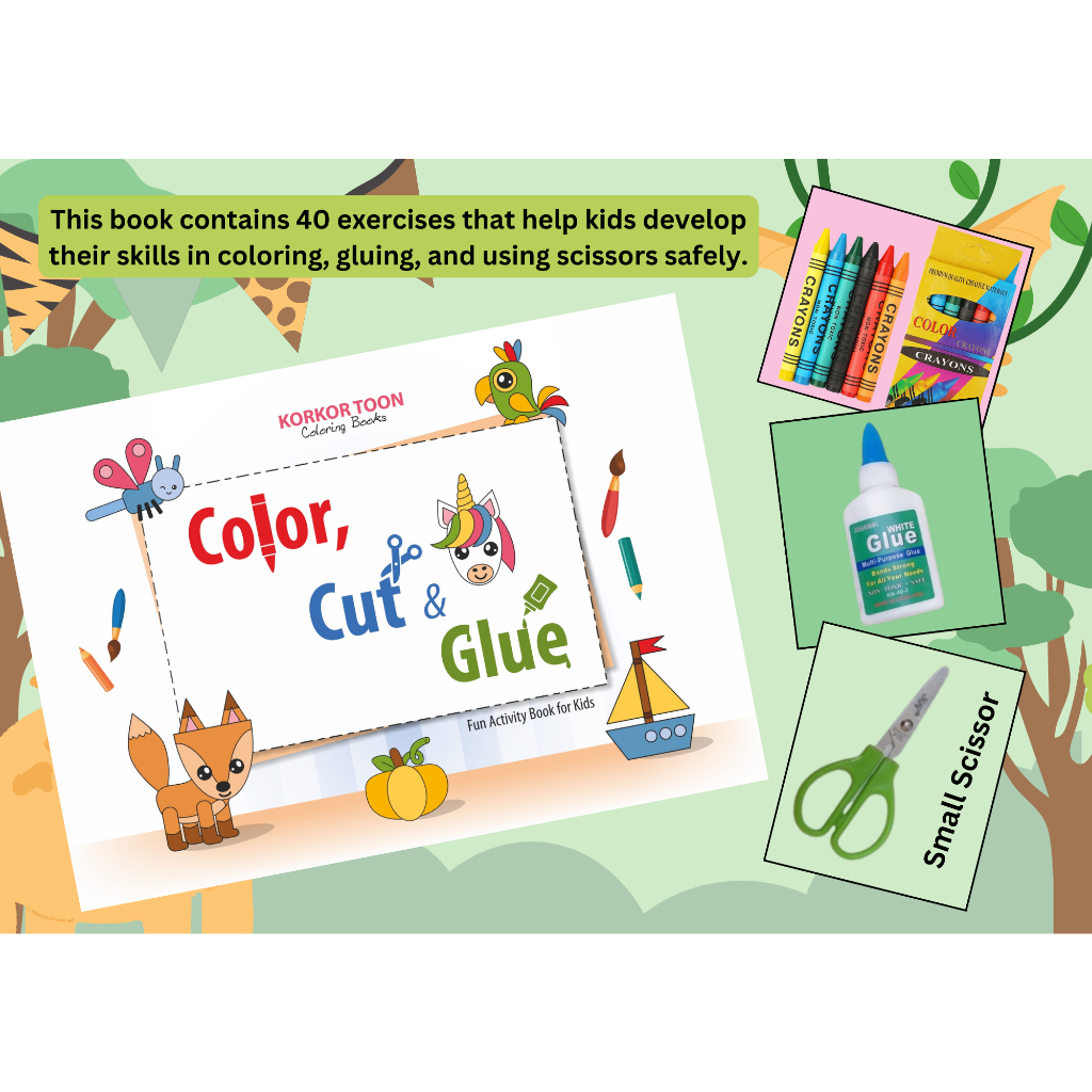 Coloring Book Cut and Glue Workbook (w/ Colors and Small Scissor